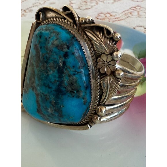 Vintage Ray Nez Heavy Large Blue Turquoise Sterling Cuff Bracelet - Picture 9 of 14